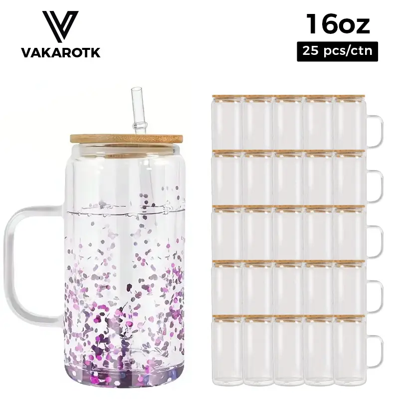 VAKAROTK 25 PCS 16 oz Glass Snow Globe Tumbler With Handle, Pre-Drilled Double Wall Snow Globe Glass Cup For Glitter