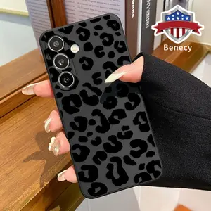 Trendy Leopard Print Pattern Straight Edge Phone Case Compatible with Galaxy S23 Ultra S24 Plus S25 S22+ Shockproof Full Camera Protection Durable Slim Liquid Silicone Cover Smartphone Casing