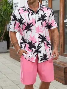 Men's Plus Size 2xl-6xl Palm Tree Print Hawaiian Shirt & Same Color Shorts Set, Tropical Beach Vacation