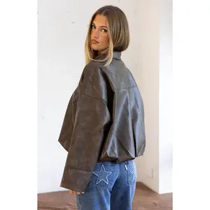 River Vintage Brown PU Bubble Hem Bomber Jacket