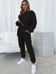 Solid Casual Two-piece Set, Long Sleeve Crew Neck Sweatshirt & Drawstring Waist Jogger Pants Outfits, Women's Clothing