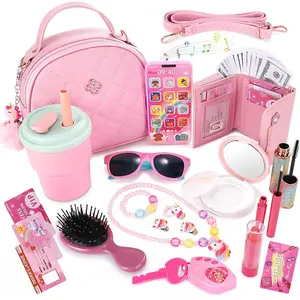 F-CPB16  Little Girls Play Purse and Pretend Makeup Kit- 49PCS My First Purse Set Includes Handbag Phone Wallet Play Makeup Princess Jewelry Water Bottle, Pretend Play Gift Toys for Girls Toddlers Age 3+