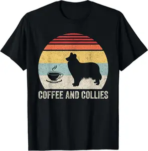 100% Cotton Vintage Retro Coffee And Collies Rough Collie Border Collie T-Shirt