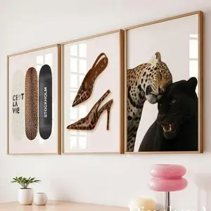 Retro Leopard Panther Wall Art Set of 3 - Y2K Stockholm Style Printable Decor, Aesthetic Fashion Skateboard & Leopad Heels Poster