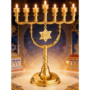 Gold Menorah 7 Branch Hanukkah Menorah Candle Holder with Traditional Star - Brass Jewish Menorahs 7 Arm Candlestick Holder - Chanukah Candle Holders Shabbat -6.8 inches