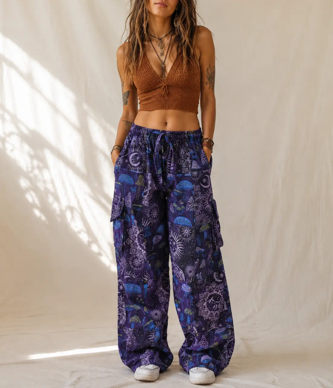 Caravan Closet Women's Bohemian Baggy Oversized Cotton Bottoms - Galaxy Mushroom Print Pants for Festival Wear, Hippie, Harem, Garment, Streetwear, Cargo Pants