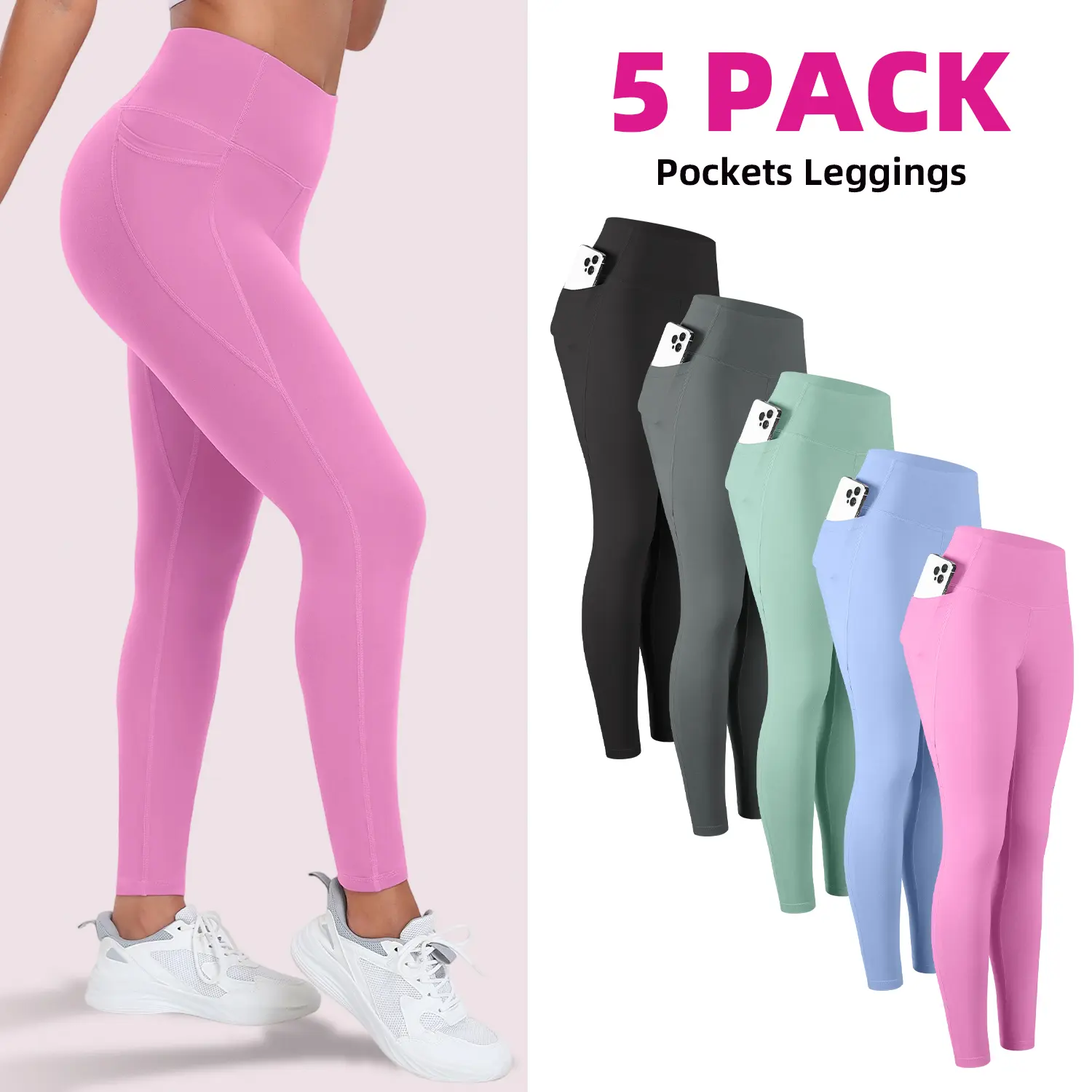 3/5 pack combination women's tight pants yoga leggings solid color, Bottoms with pockets, fashionable outfit, high waisted tight pants, all season exercise pants Womenswear