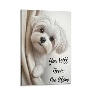 Fun bathroom wall art: "Don't pee alone" posters, animal-patterned bathroom canvas paintings, and creative bathroom decorating ideas for dog lovers.