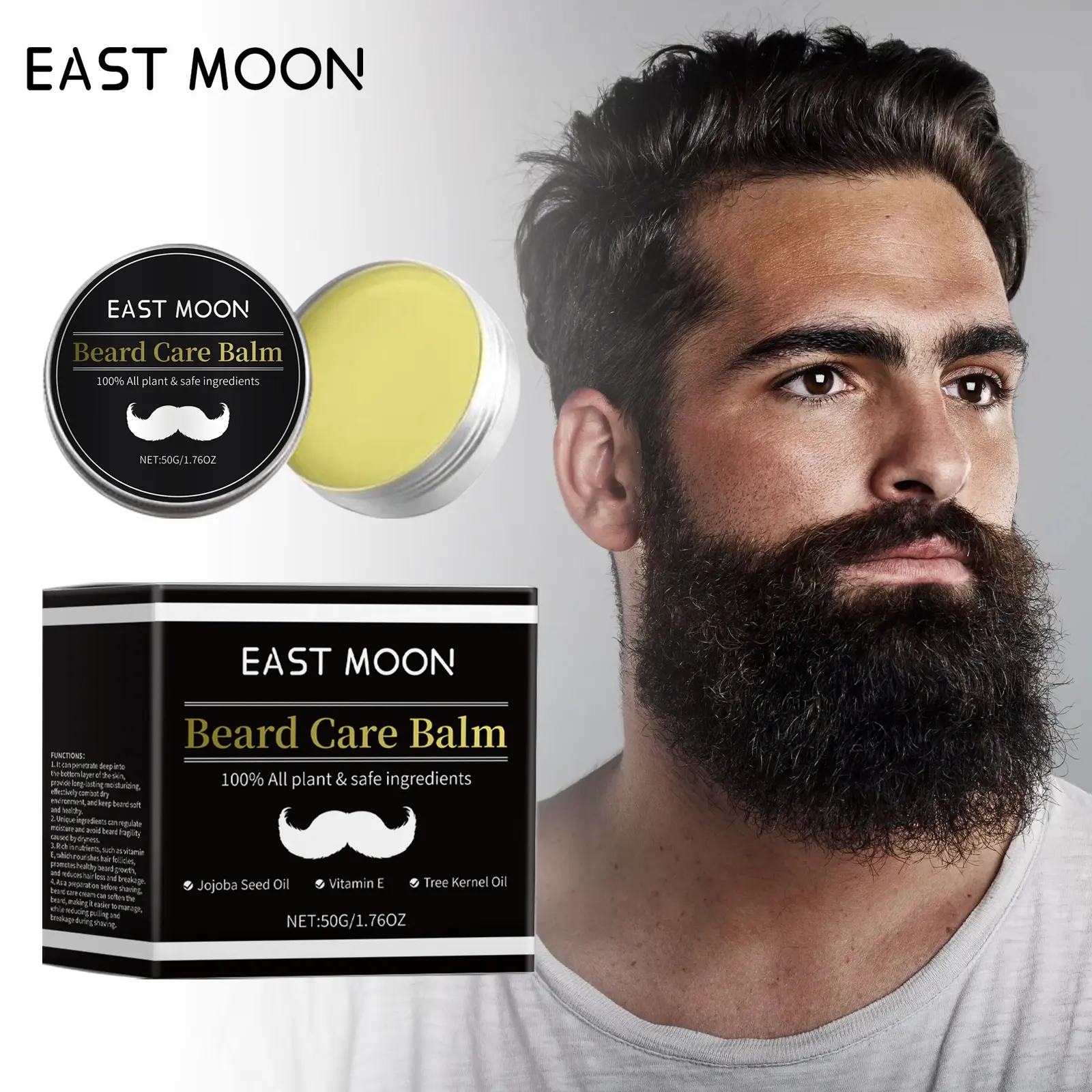 East Moon Beard Balm for Men, Moisturizing Leave-In Beard Conditioner and Softener, Tames Frizz and Flyaways, Adds Natural Shine for Daily Grooming