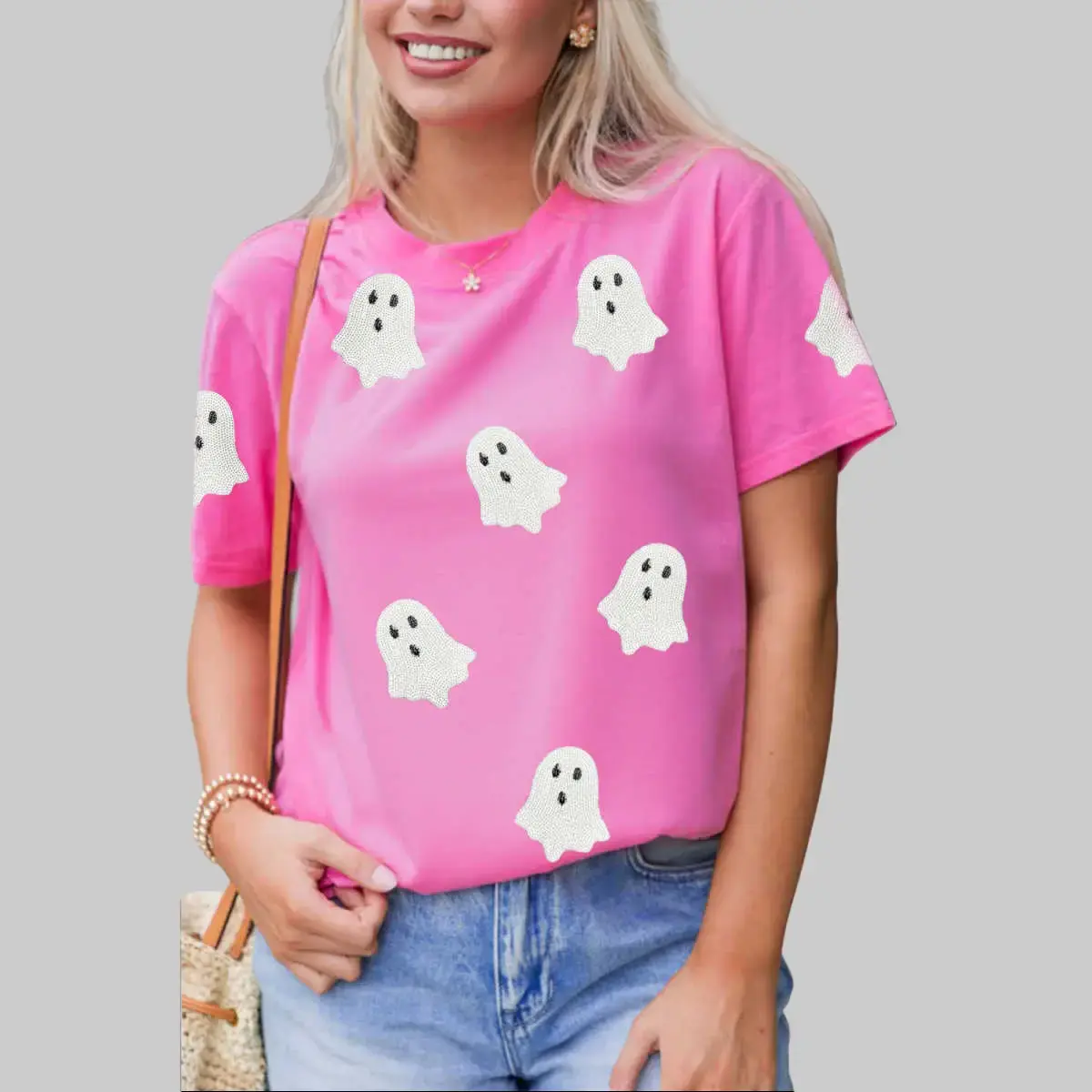 S-3XL 32% Cotton Halloween Cute Pink Sequin Ghost Graphic Casual Top for Bottom Pairing, Women's  Short-Sleeve Round-Neck Cotton-Polyester T-Shirt, Oversize Fall Casual Pink Ghost Applique Short Sleeve Top，Girly Spooky Season Sequin Ghost Patched Top