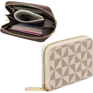 Women's Credit Card Holder, RFID Leather Zipper Wallet, Small Zipper Card Case for Men and Women (White)