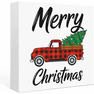 Wood Box Sign Desk Decor Red Black Plaid Lattice Truck Xmas Tree Square Boxes Sign, Merry Christmas Wooden Block Box Sign Decoration for Home Wall Tabletop Shelf Office Decor, 5x5 inch