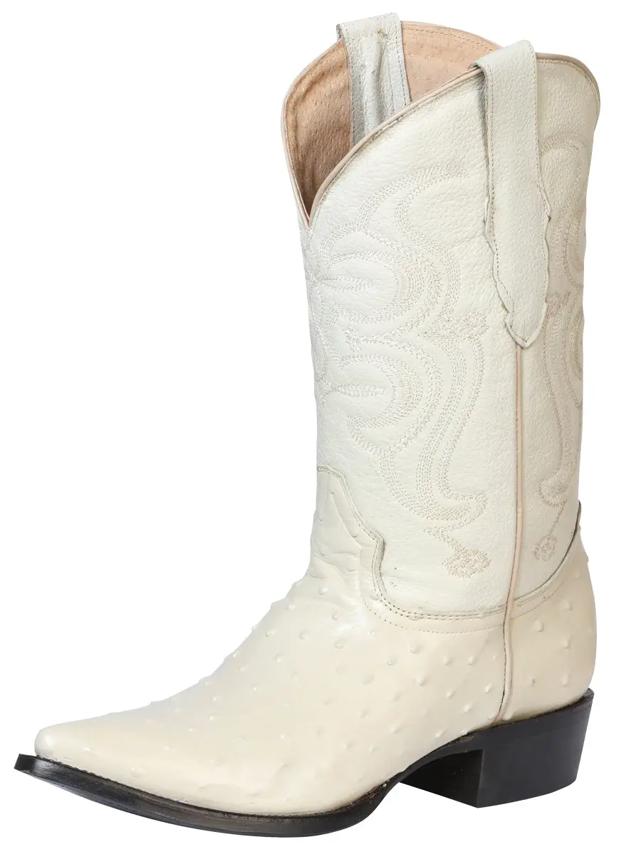 Men’s Pointed Toe Leather Cowboy Boots - Made in Mexico - Embossed Ostrich Print - Bone White 40839