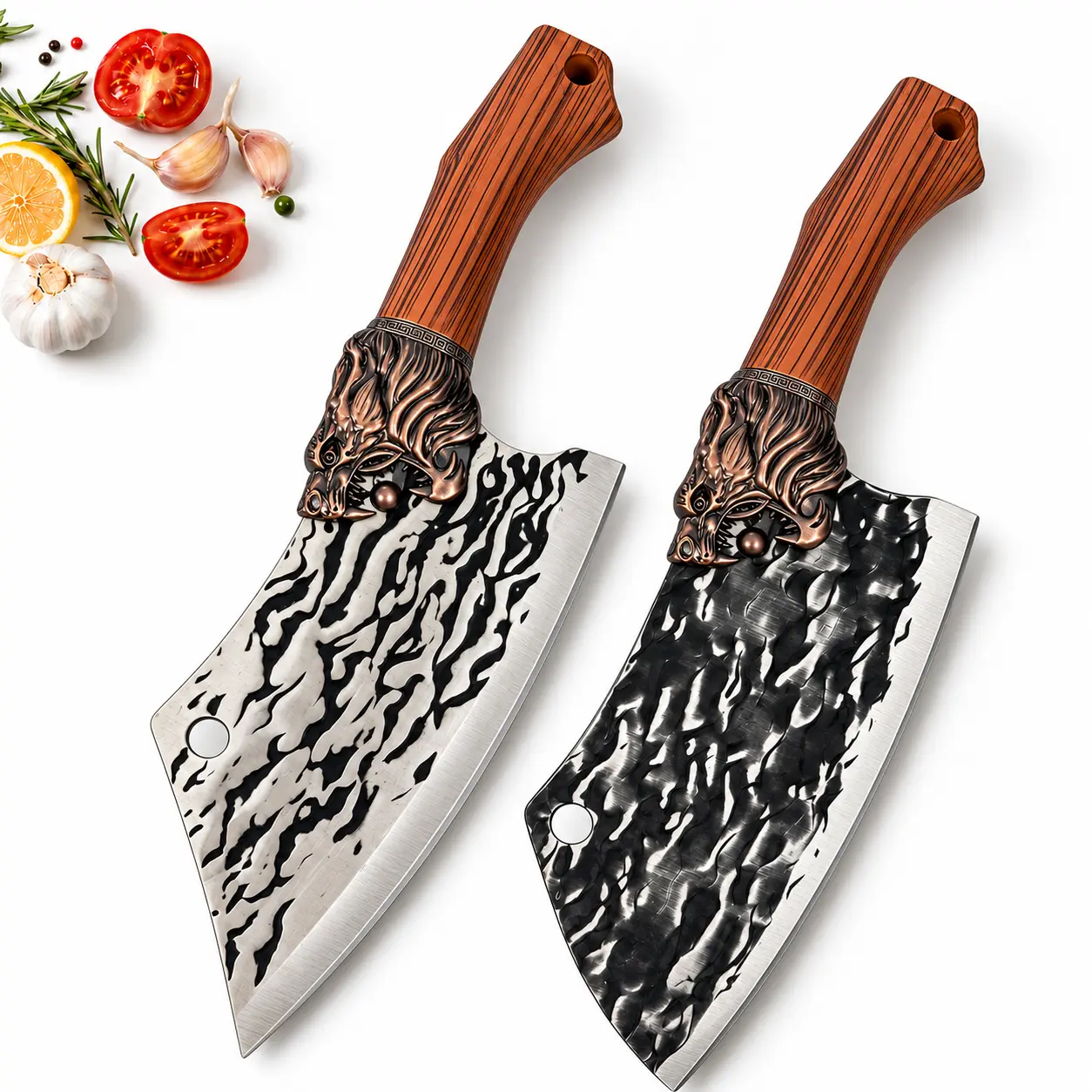 2-Piece Rustic Meat Cleavers Set - High-Carbon Forged Steel Blades, Ergonomic ABS Handles, Sharp Cooking Knives for Home Meat Cutting, Hammered Look Kitchen Knives Set