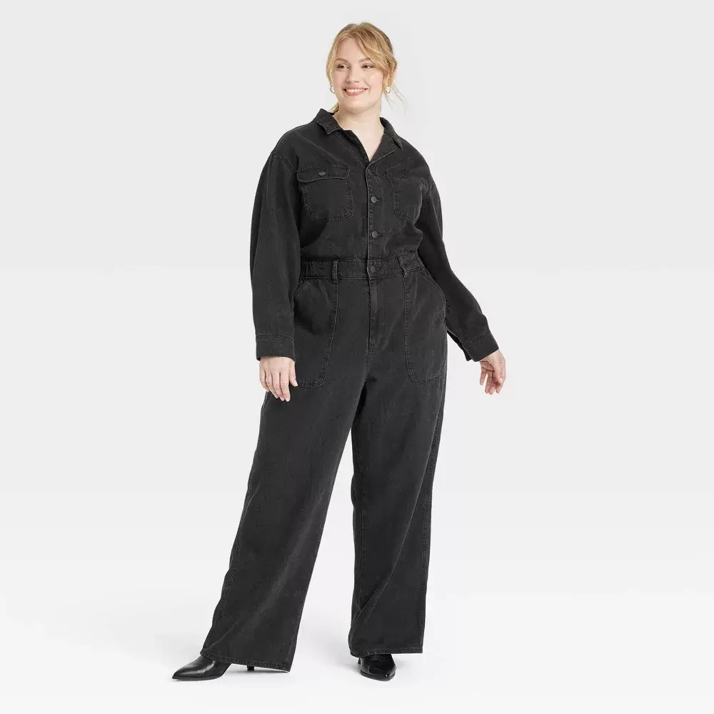 Women's Long Sleeve Utility Baggy Denim Jumpsuit - Universal Thread Black 17