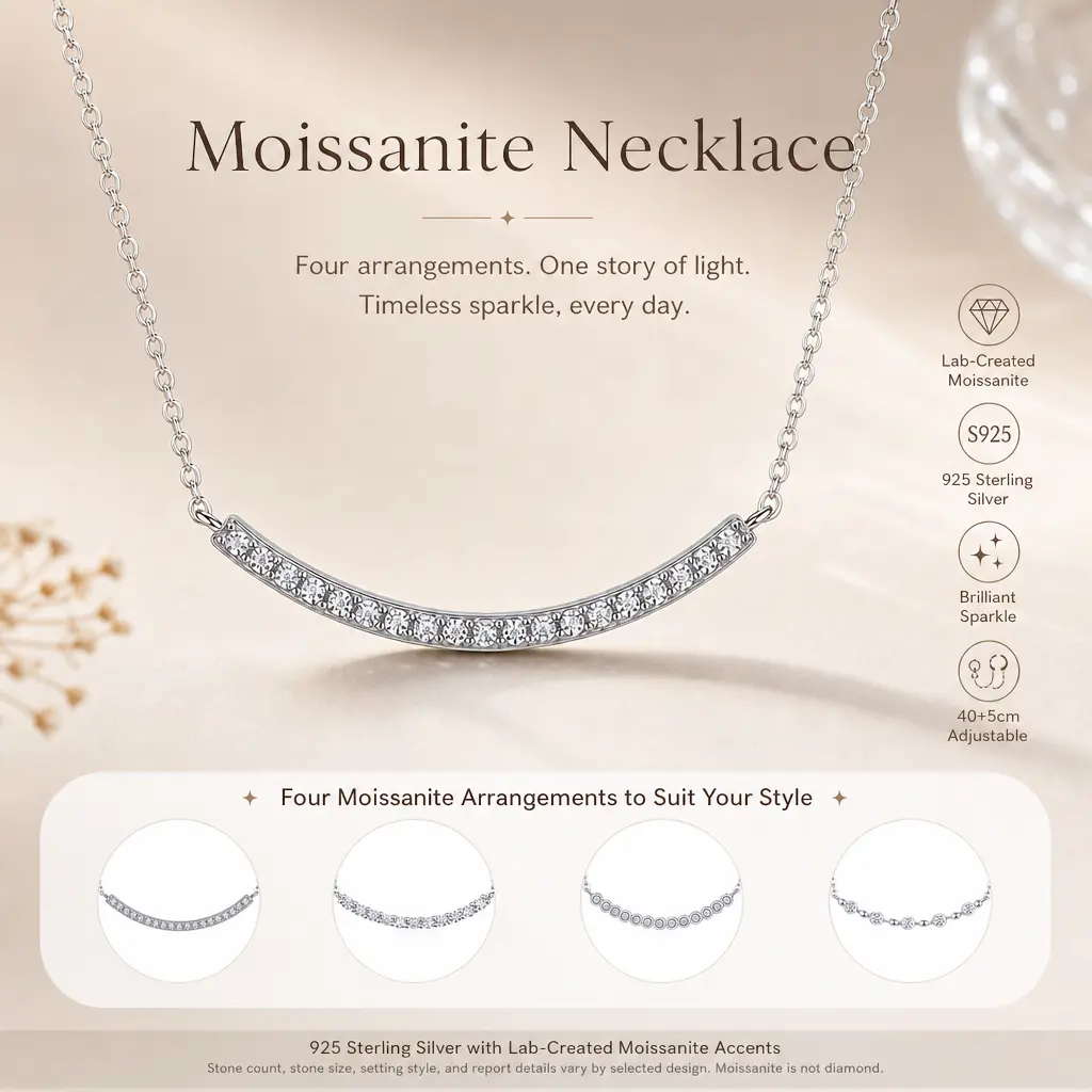 Gildelle 925 Sterling Silver Moissanite Curved Bar and Station Necklace, 4 Minimalist Sparkle Styles for Women