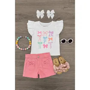 White & Pink Bow Denim Short Set