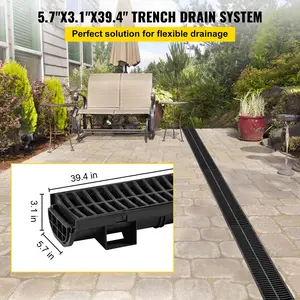 VEVOR Trench Drain System,  Channel Drain with Plastic Grate, 5.7x3.1-Inch HDPE Drainage Trench, Black Plastic Garage Floor Drain, 5x39 Trench Drain Grate, with 5 End Caps, for Garden, Driveway-5 Pack