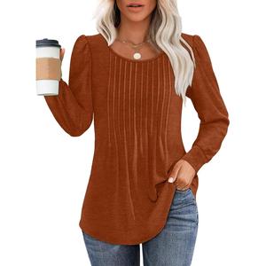 Women's Basic Formal Minimalist Crewneck Pleated Tunic Tops - Soft, Breathable Fabric Long Sleeve Blouses for Dressy Casual Leggings Pairing | Womenswear
