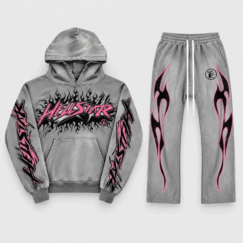 Hellstar Future Flame Grey Hoodie & Sweatpants, Y2K Graphic Streetwear, Unisex Jogger Pants, Casual Urban Outfit