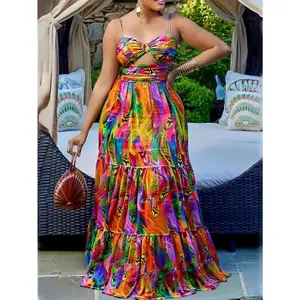 Plus Size Allover Print Slip Dress, Casual Cut Out Maxi Dress For Spring & Summer, Women's Plus Size Clothing Knit Spaghetti