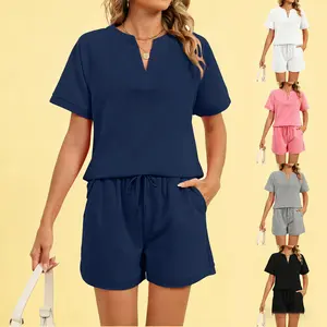 Women's French Terry Lounge Set - Organic Cotton V-Neck Top & Shorts with Pockets - Mother's Day Gift
