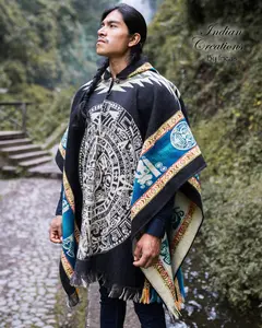 Black Aztec Calendar Poncho by Indian Creations, Featuring Unique Patterns and Colors, Ideal for Cultural Wear