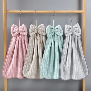 1 Bowknot Striped Hand Towel, Coral Fleece, Soft and Absorbent, Bowknot Series Style, Cute and Charming, A Good Choice for Bathroom and Kitchen, Decorative Towels, Super Absorbent Towel