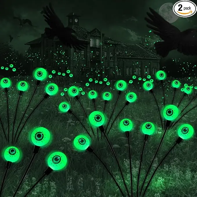 Halloween Decorations Outdoor Solar Scary Eyeball Lights,2PACKS 12LED Green Eyeball Swaying Firefly Lights,Waterproof Solar Halloween Path Lights for Yard/Garden/Lawn/Party Decor