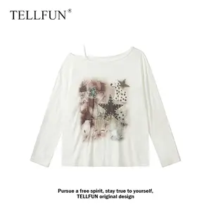 TELLFUN Women's Comfortable Graphic Print Longsleeve T-Shirt - Loose-Fitting Star Collage Off-The-Shoulder Polyester Tee, Stylish Casual Streetwear Blouse for Summer