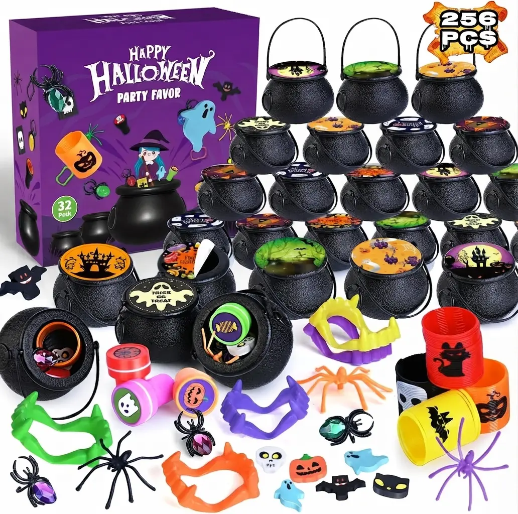 32-Pack Prefilled Spooky Witch Cauldron Party Favors - 256 PCS Unisex Halloween Kids Toys, Bulk Plastic Miniatures for Trick or Treat, Classroom Gifts