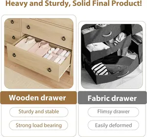 7-Drawer Unfinished Natural Wood Boho Dresser with Curved Legs and Rattan Accents, Wood Drawers Dresser for Bedroom