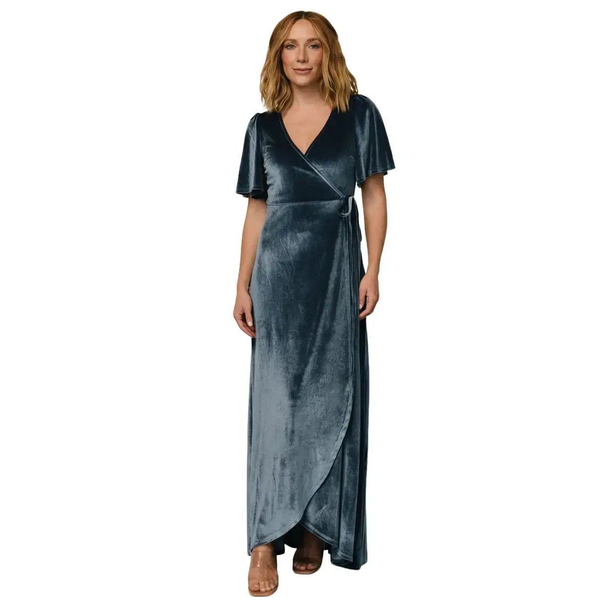 Women's Katelyn Velvet Maxi Wrap Dress - Maternity, Formal, Elegant Evening Style with Sleeves, Blue