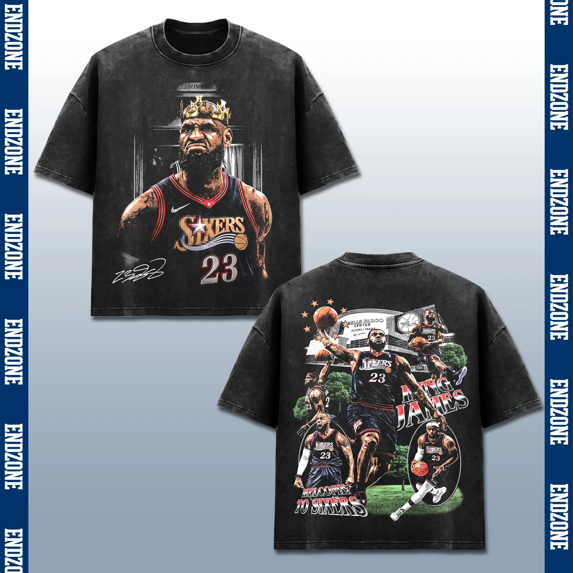 [Endzone] LeBron James LBJ King James 23 Vintage Graphic Shirt, Philly City Basketball Fan Tee, Pro Hoops Championship Season Gear, Retro Bootleg Crown Graphic T Shirt, Heavyweight Washed Acid Wash Oversized Unisex Hip Hop Streetwear Apparel Shirt