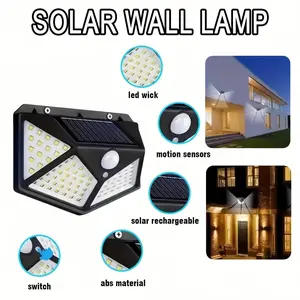 2 Pack 100LED Solar Lights Outdoor Wall Lamp 3 Modes Motion Sensor Waterproof for Garden Patio Garage Railing Christmas Decorative Lamp