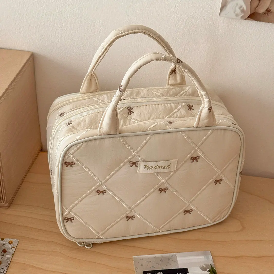 TJHome Milk Almond Color Quilted Multi-Layer Makeup Bag with Bow Embroidery, Handheld Large-Capacity Compartmentalized Cosmetics Organizer
