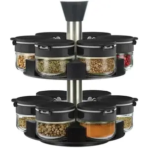 360 rotating 2 tier 12 jars spice rack (12 spice jars) Revolving Seasoning Organizer. Spinning Spice Rack for Counter top and Cabinet
