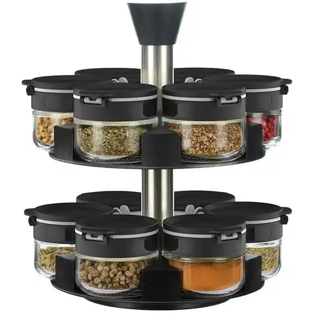 360 rotating 2 tier 12 jars spice rack (12 spice jars) Revolving Seasoning Organizer. Spinning Spice Rack for Counter top and Cabinet
