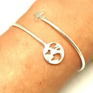 Airplane Bracelet Silver Plated Wrap Around Gift for Travelers Traveler Globe World Map Adjustable Christmas Stocking Stuffer