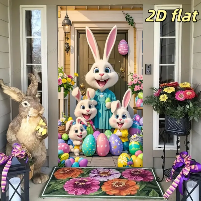 Easter Bunny Background Banner, Polyester Fabric, Egg and Flower Decorations, Easter Party Decoration, Home Garden Wall Decor, Outdoor Banners, Backdrop Banner