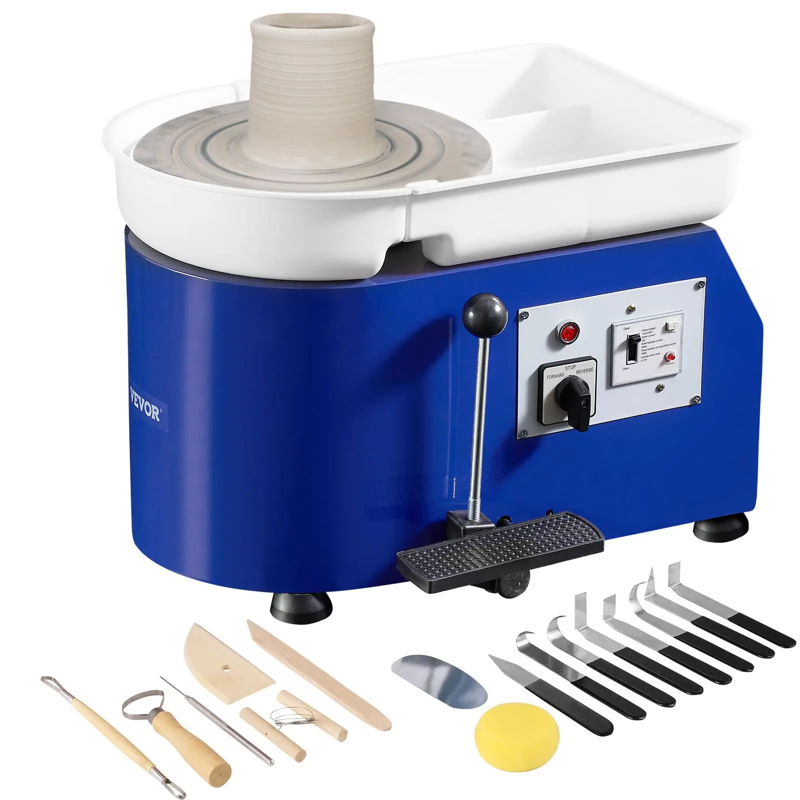 VEVOR 350W Pottery Wheel Forming Machine, 11in Clay Wheel for Adults & Teachers, 0-300RPM Adjustable Speed Handle-Pedal Control, ABS Plastic Detachable Basin, Leakage Protection, Waterproof Apron & Ceramics Tools Kit for Craft DIY, Blue, Leakage Safe