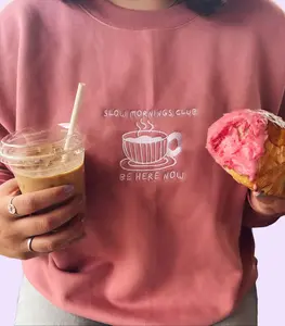 Slow Mornings Club Embroidered Crewneck - Coffee Mindfulness Lover Pink Cotton Women's Sweatshirt