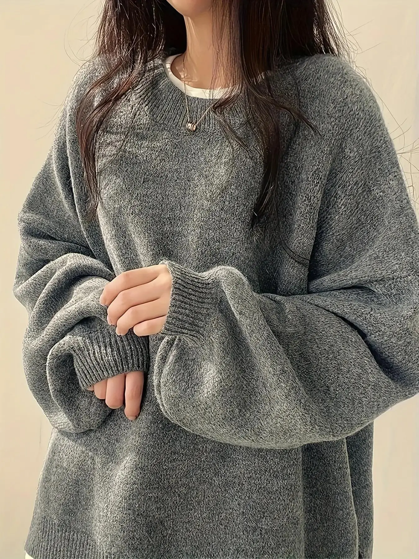 Plus Size Solid Split Hem Drop Shoulder Knitwear Sweater Tops, Casual Long Sleeve Round Neck Jumper for Fall & Winter, Women's Clothing Womenswear for Daily Wear, Everyday