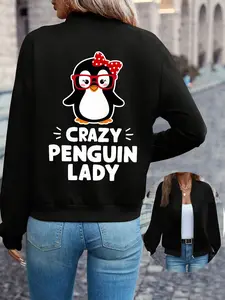 Women's Casual Penguin Print Jacket, Zipper Closure, Pockets, Easy Care Material, Long Sleeve Fitted Style, Spring Fall Winter Wear