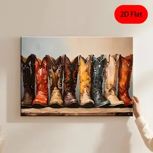 2D Flat, Western Cowboy Boots Framed Canvas Wall Art - Red, Brown, Black, Blue, and Turquoise Boots - Rustic Farmhouse Decor, Sturdy Wrapped Frame - Western Theme Painting, Suitable for Living Room, Bedroom, Office - Cowboy Print Gift, 2D Flat