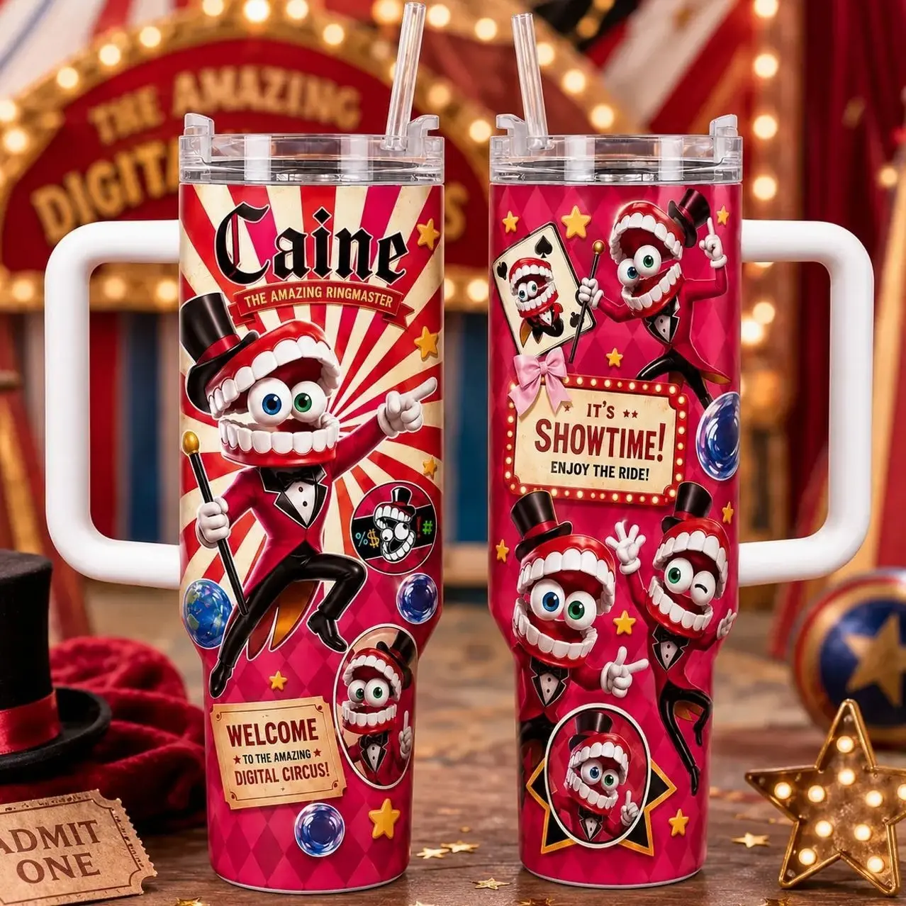 [MADE IN US] Vacuum Insulated Tumbler Caine The Ringmaster with Lid and Straw - Stainless Steel Travel Coffee Mug Double Wall Hot & Cold Drink Cup Leakproof Portable