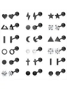 18 Pairs Black Mini 20G Cartilage Stud Earrings for Women Men Unisex Surgical Stainless Steel Piercing Studs with Cross Moon Star CZ Opal Embellishments Practical Screw Flat Back Craftsmanship Small Ear Piercing Studs All-day Wearing Comfort