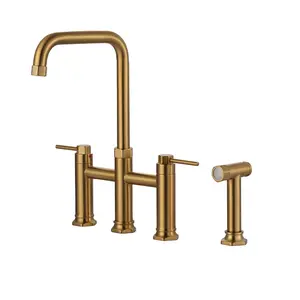 WOWOW 2-Handle High-Arc 4-Hole Deck-Mount Kitchen Faucet with Side Sprayer in Solid Brass Brushed Gold