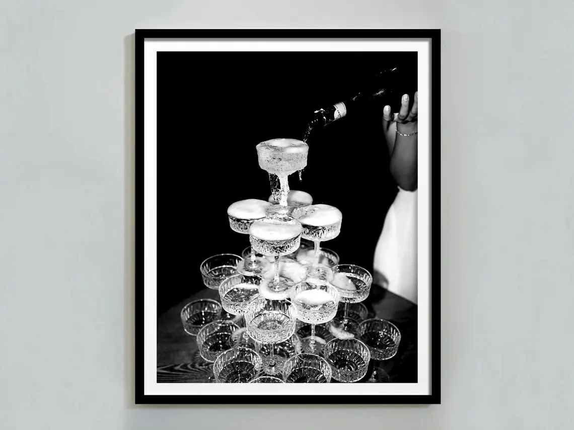 Champagne Fltues Print, Black and White, Vintage Bar Poster, Cocktail Wall Art, Bar Cart Print, Alcohol Poster, Wall Décor