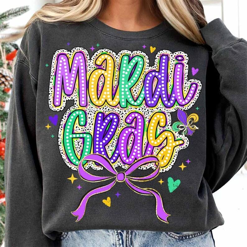 Mardi Gras Coquette Bow Sweater, Mardi Gras Sweatshirt, Mardi Gras Sweater, Happy Mardi Gras Sweatshirt Fleur De Lis Sweater Dalmatian Dots Hand Drawn